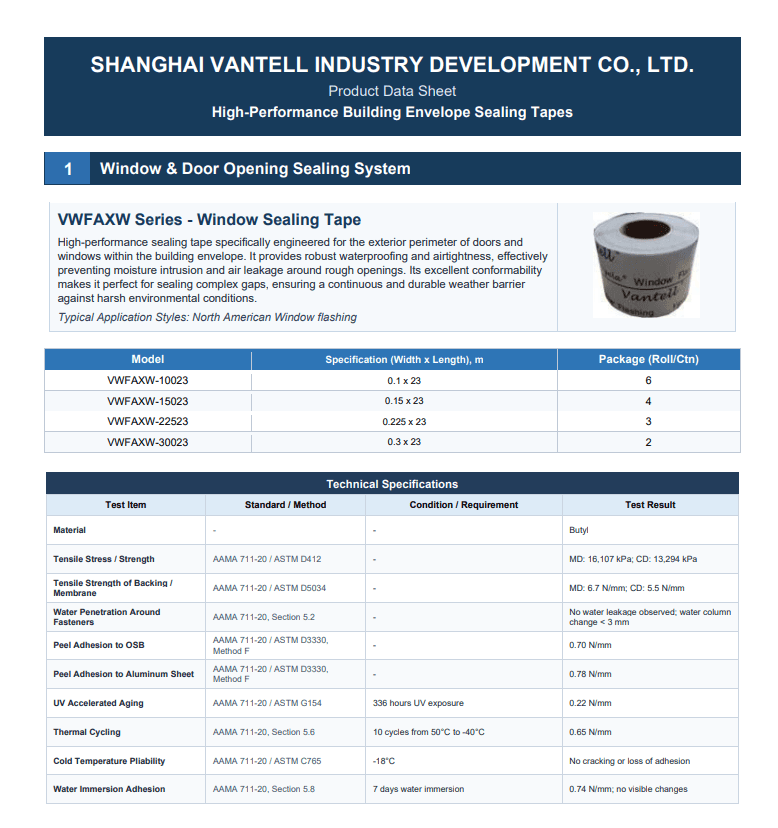 Vantell Flashing Tape Product Data Sheet