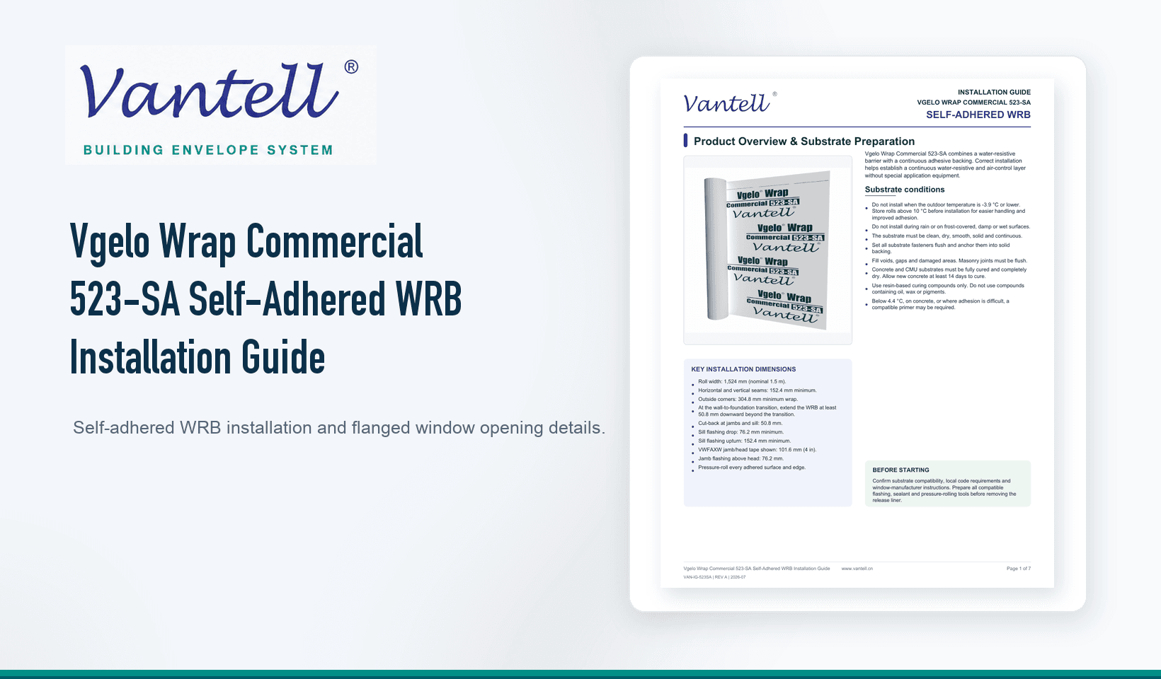 Vgelo Wrap Commercial 523-SA Self-Adhered WRB Installation Guide