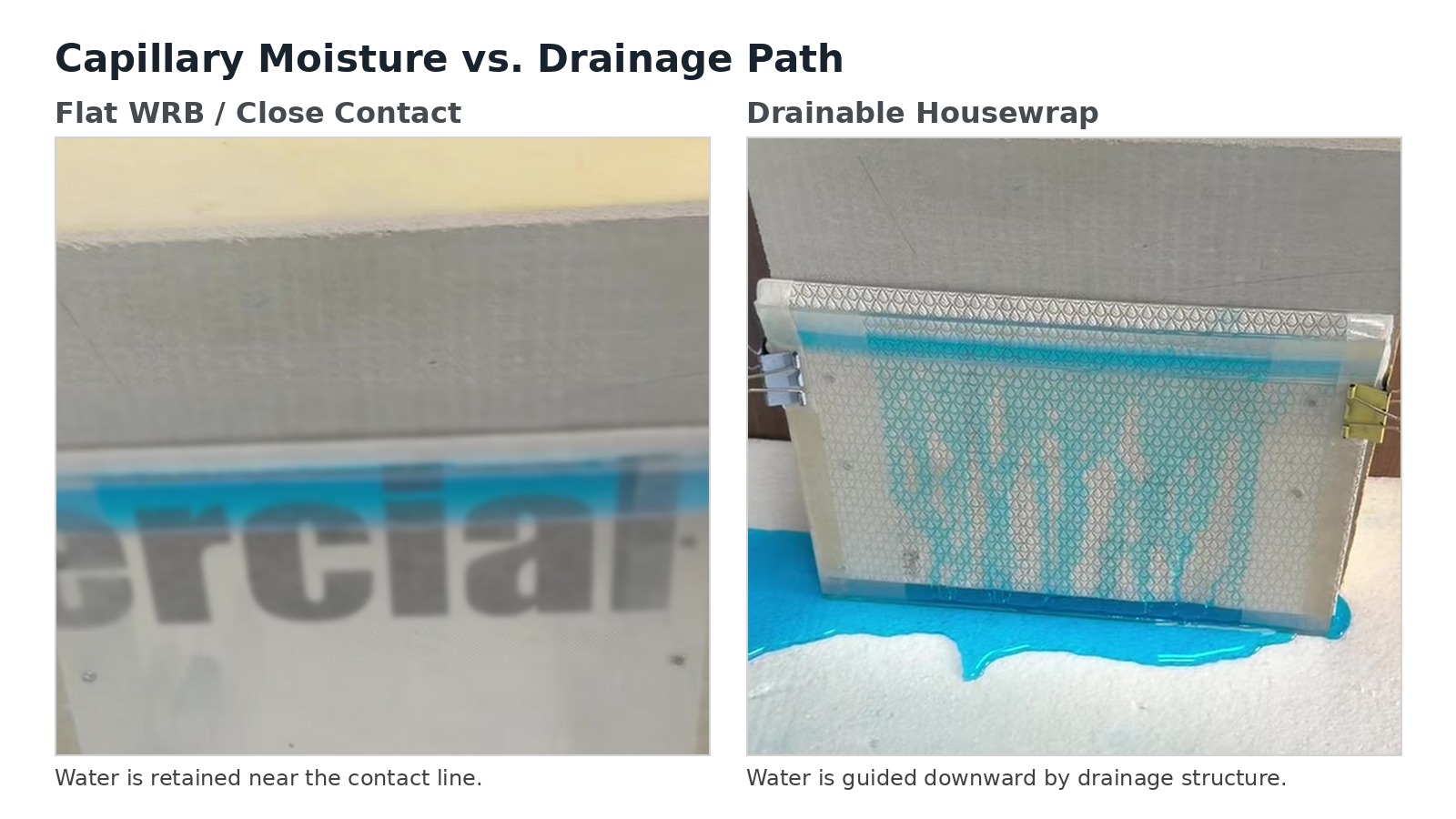Flat WRB versus drainable housewrap comparison showing capillary water retention and drainage path