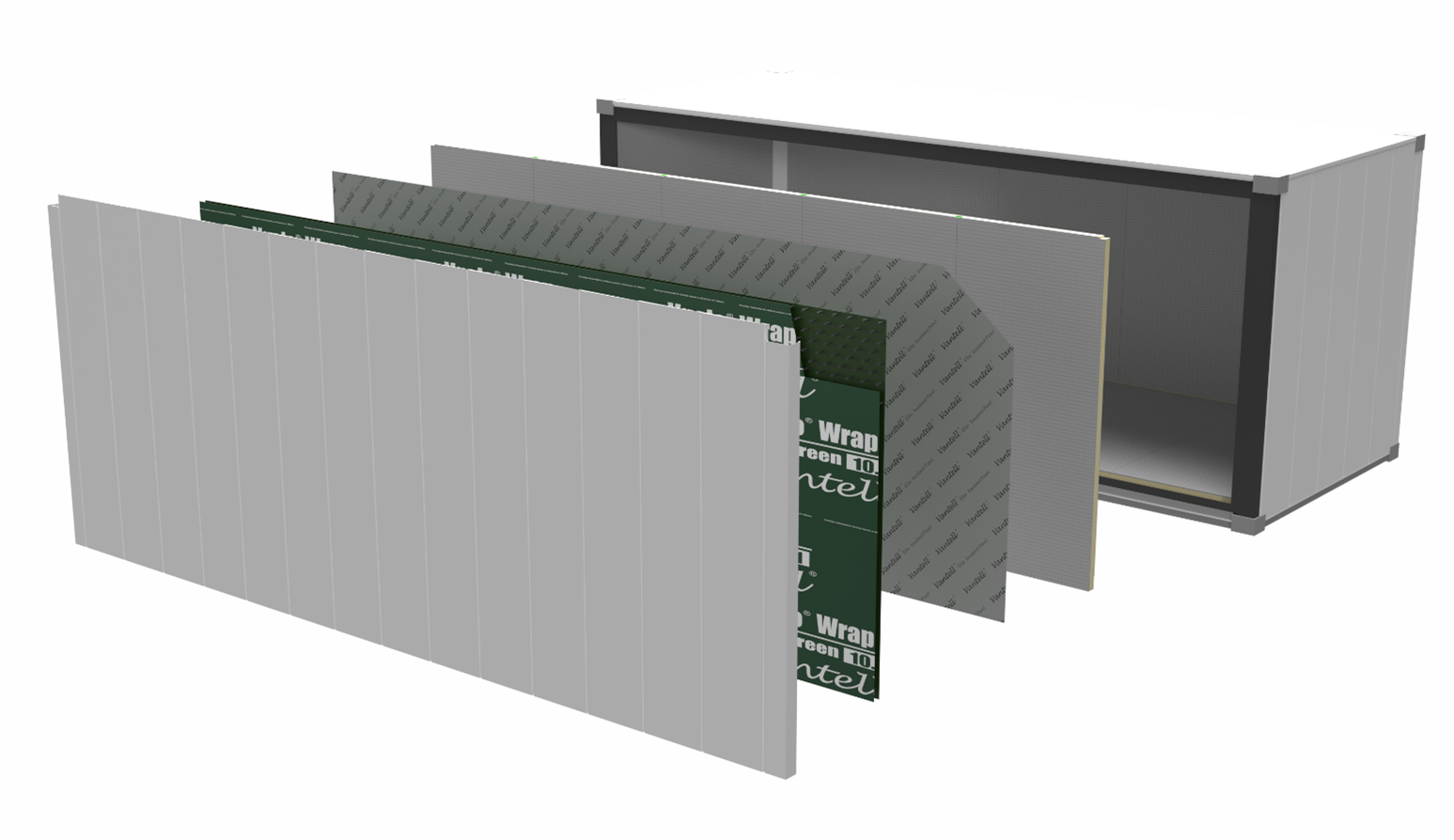 Exploded view of the Vantell double-reflective rainscreen modular building envelope system