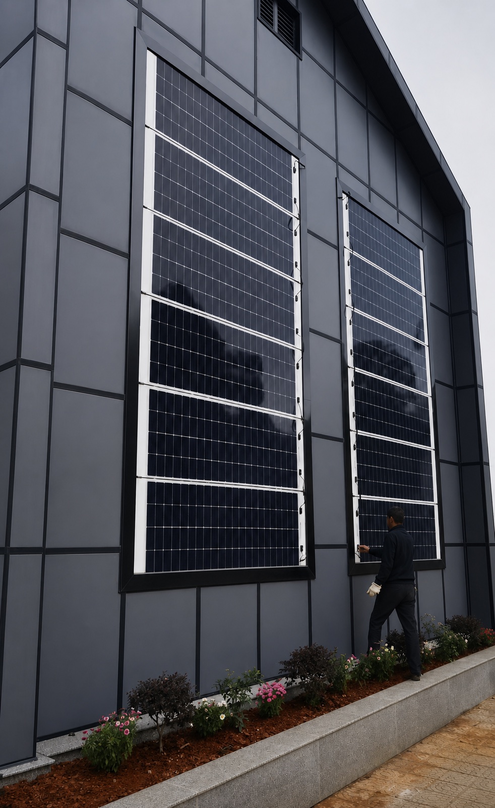 BIPV panels integrated into the completed facade of the Vantell Qujing office